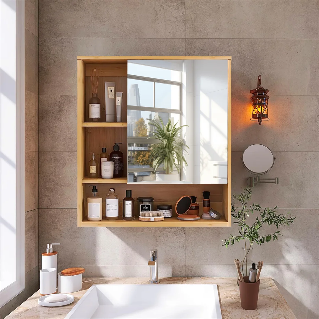 Bamboo Bathroom Mirror Cabinet Wall Mounted Design