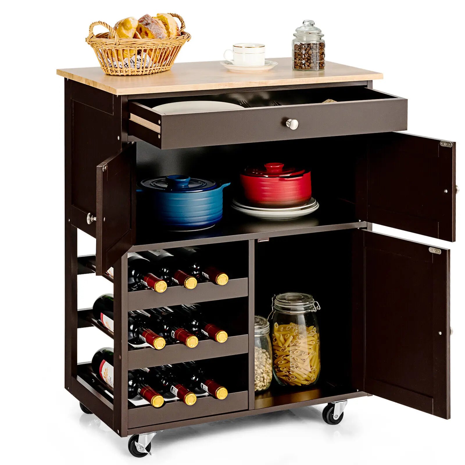 3-Tier Rolling Kitchen Cart with Wine Holder